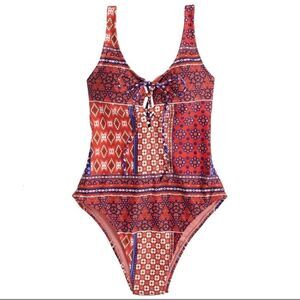 New Indigo Rein Boho‎ Patchwork Paisley One Piece Swimsuit Swim Strappy Print L